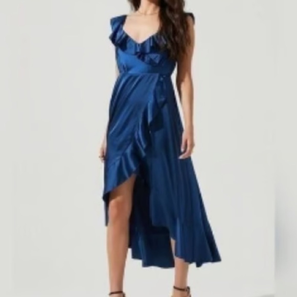 ASTR the Label Wrap Dress Blue Satin Ruffles Bows Size X-Small